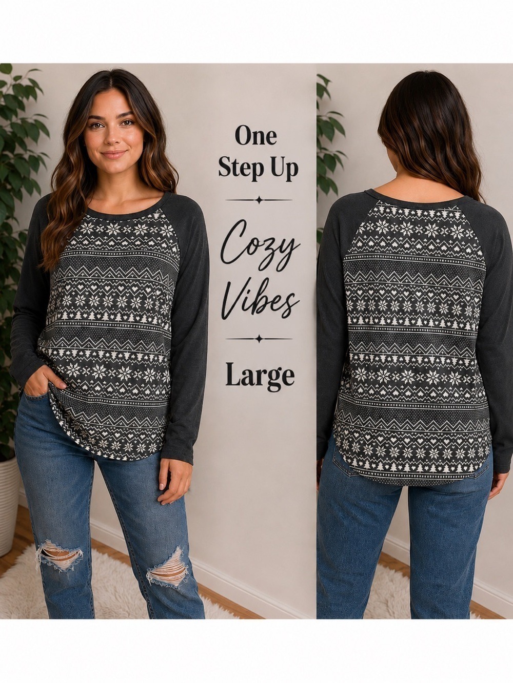 One Step Up Cozy Vibes Fair Isle Raglan Top Size Large
